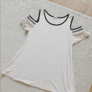 Boutique Cold Shoulder Varsity Ruffle Sleeve Top